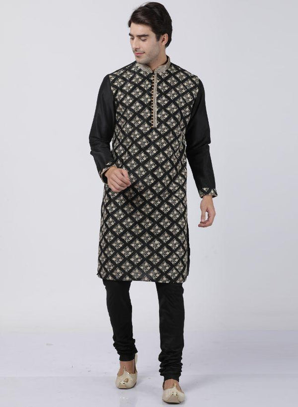 Men's Black Cotton Silk Blend Kurta and Pyjama Set - Vastramay