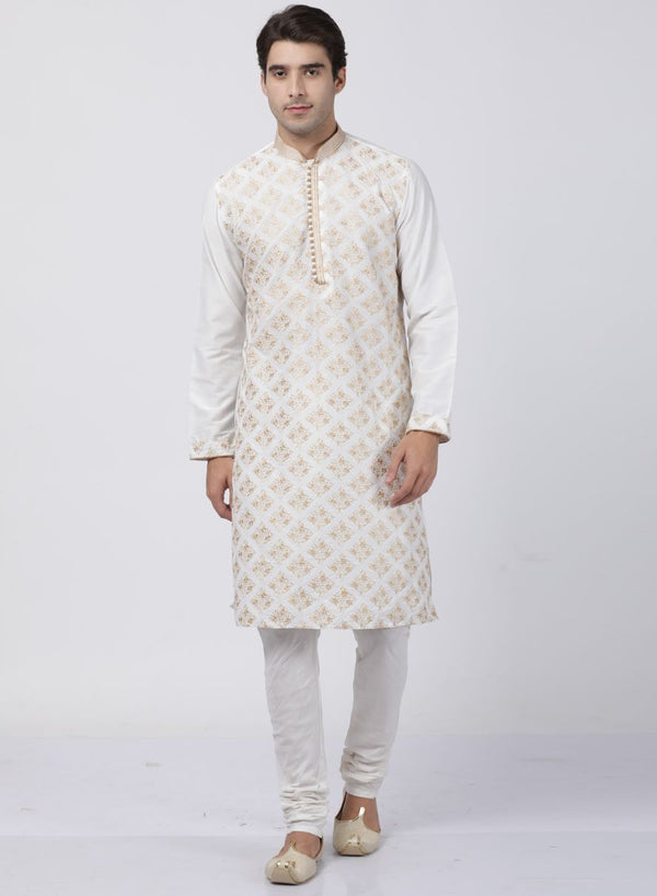 Men's White Cotton Silk Blend Kurta and Pyjama Set - Vastramay