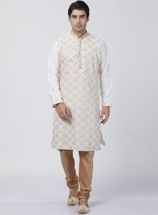 Men's White Cotton Silk Blend Kurta and Pyjama Set - Vastramay