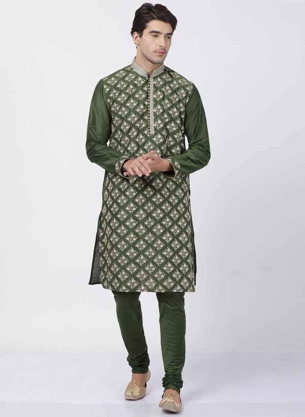 Men's Green Cotton Silk Blend Kurta and Pyjama Set - Vastramay