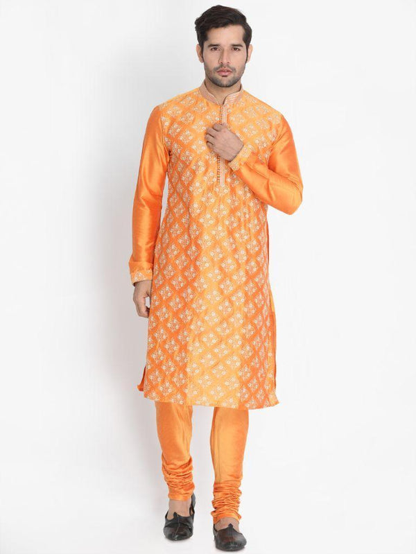 Men's Orange Cotton Silk Blend Kurta and Pyjama Set - Vastramay