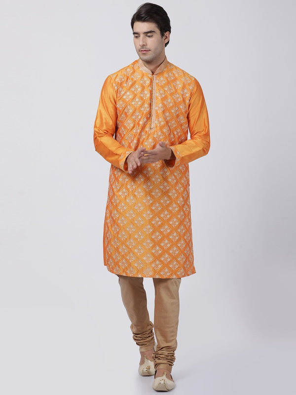 Men's Orange Cotton Silk Blend Kurta and Pyjama Set - Vastramay