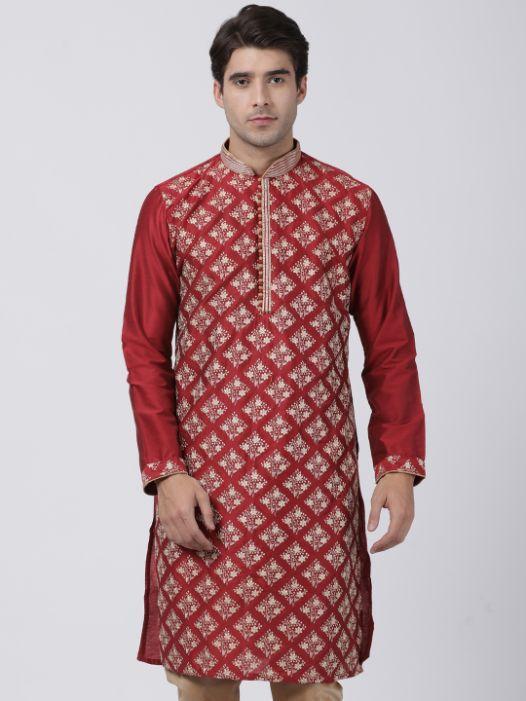 Men's Red Cotton Silk Blend Kurta - Vastramay