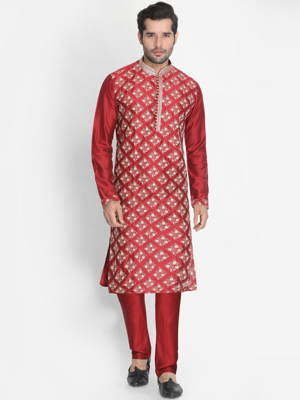 Men's Red Cotton Silk Blend Kurta and Pyjama Set - Vastramay