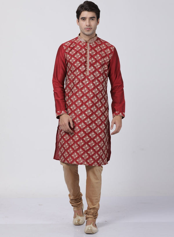 Men's Red Cotton Silk Blend Kurta and Pyjama Set - Vastramay