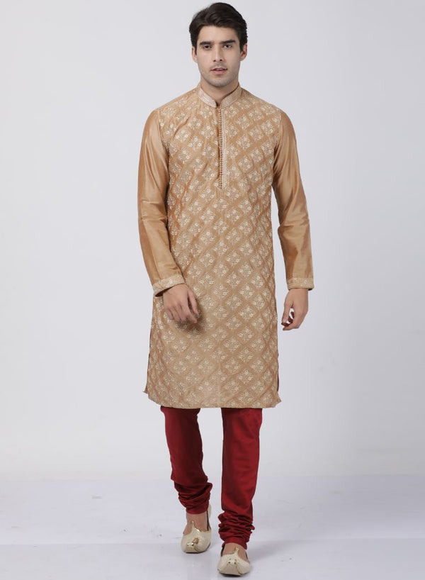 Men's Gold Cotton Silk Blend Kurta and Pyjama Set - Vastramay