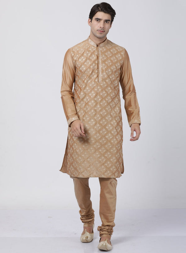 Men's Gold Cotton Silk Blend Kurta and Pyjama Set - Vastramay