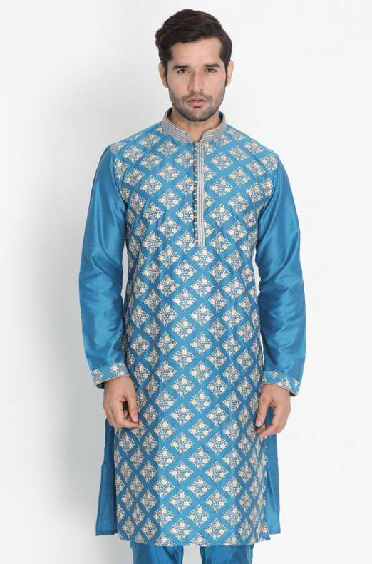 Men's Dark Green Cotton Silk Blend Kurta