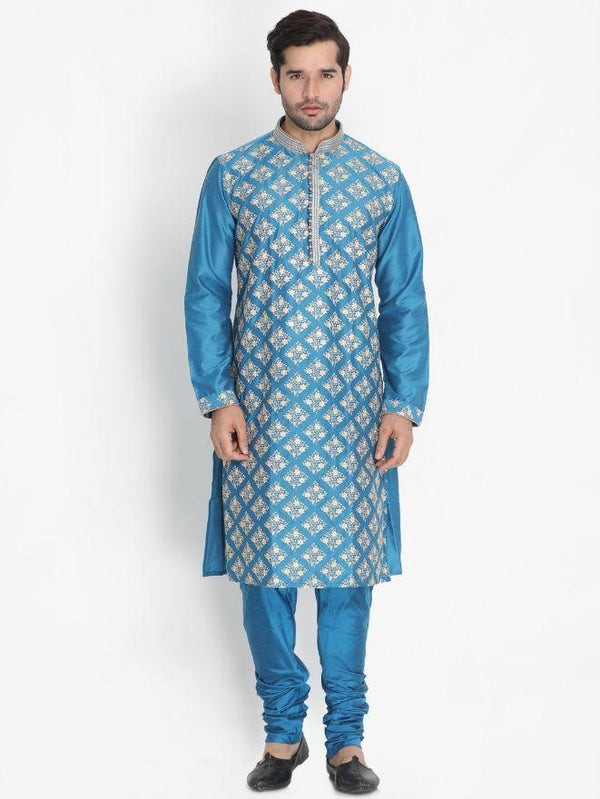 Men's Blue Cotton Silk Blend Kurta and Pyjama Set - Vastramay