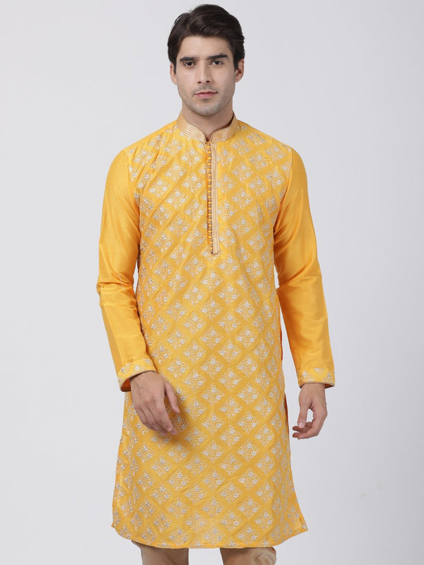 Men's Yellow Cotton Silk Blend Kurta - Vastramay