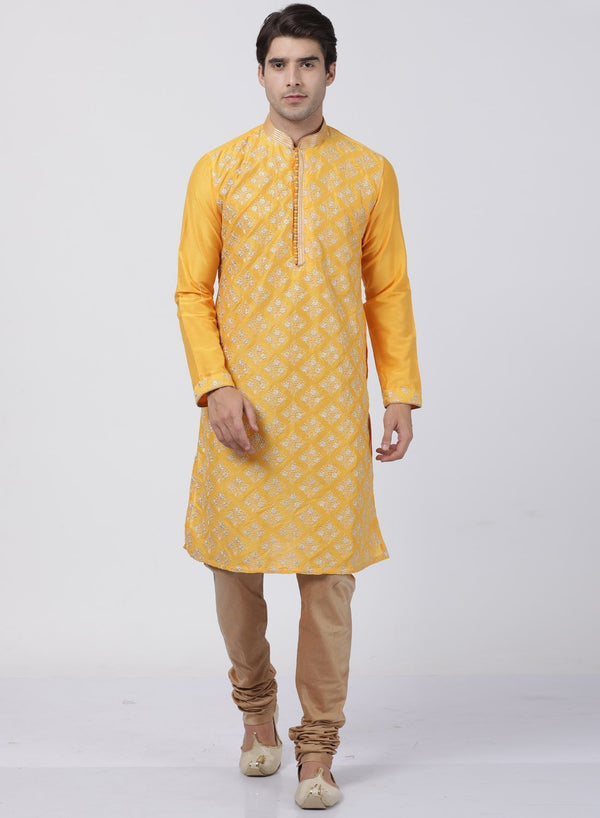 Men's Yellow Cotton Silk Blend Kurta and Pyjama Set - Vastramay