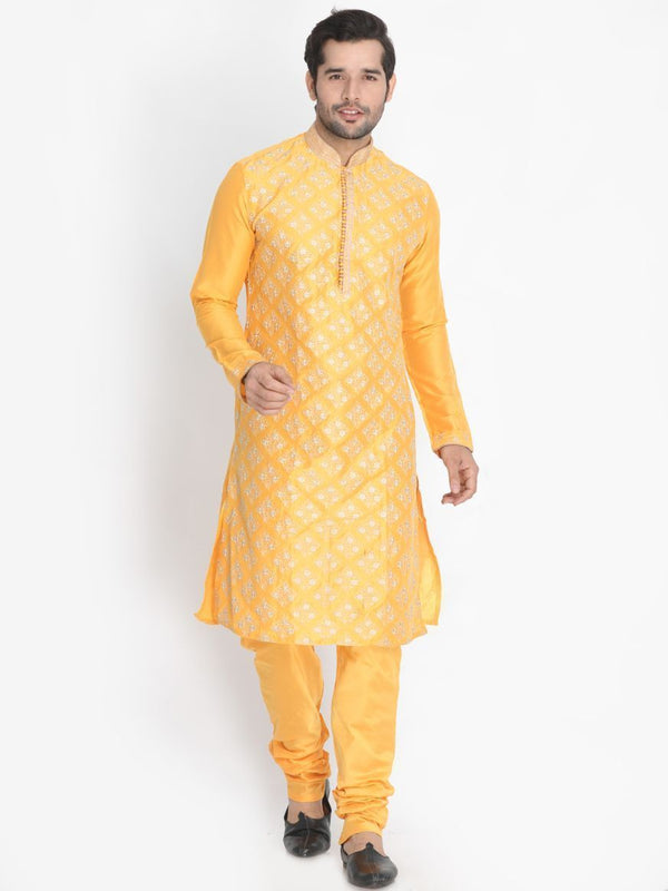 Men's Yellow Cotton Silk Blend Kurta and Pyjama Set - Vastramay