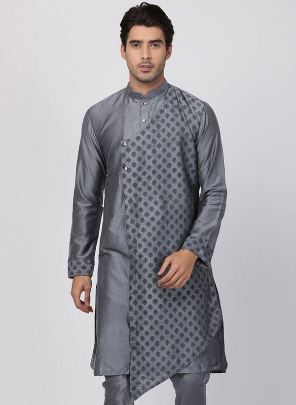 Men's Grey Cotton Silk Blend Kurta - Vastramay