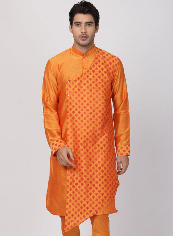 Jashvi Men's Orange Cotton Silk Blend Kurta