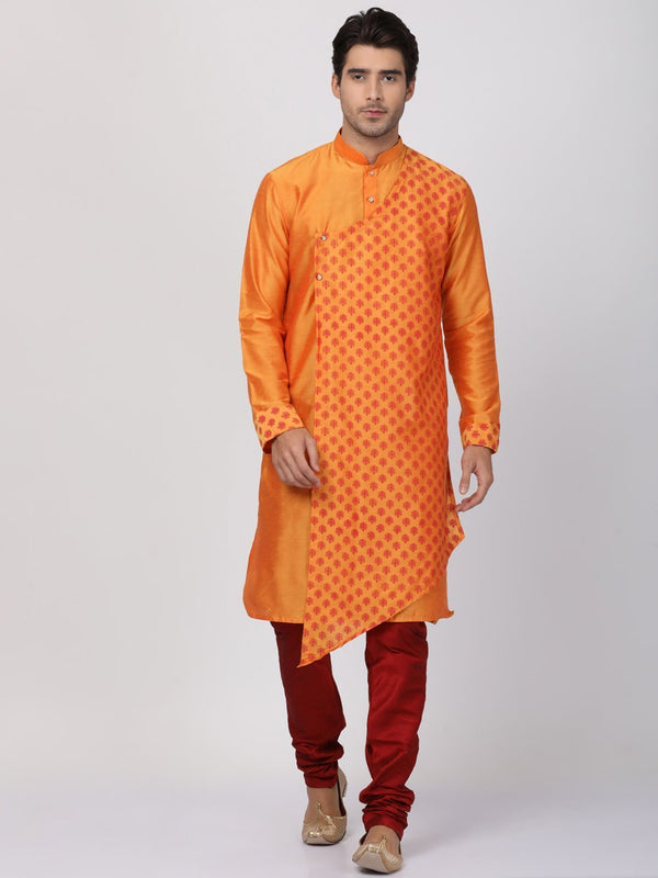 Men's Orange Cotton Silk Blend Kurta and Pyjama Set - Vastramay