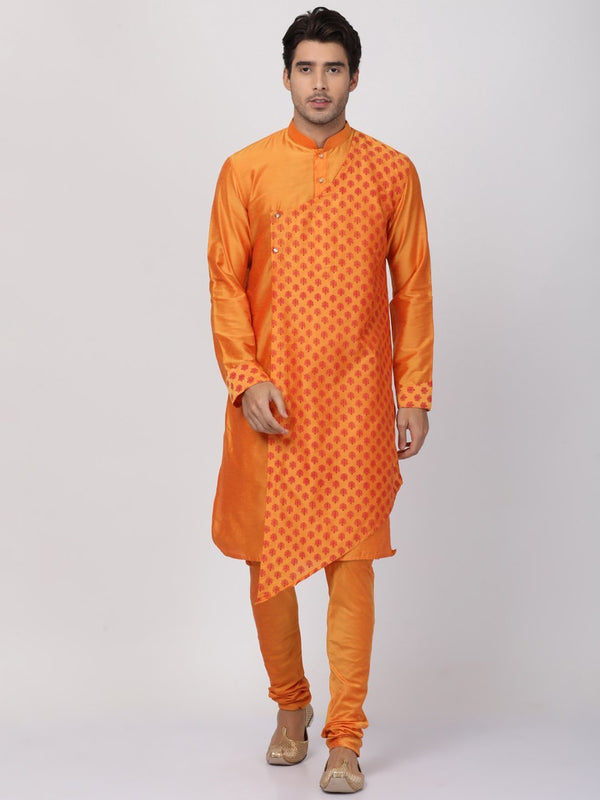 Men's Orange Cotton Silk Blend Kurta and Pyjama Set - Vastramay