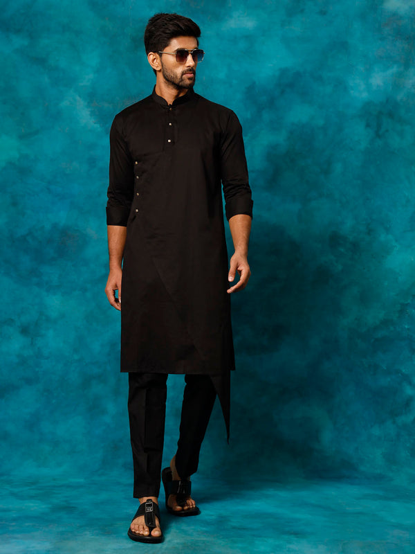 Jashvi Men's Black Cotton Satin Blend Kurta Pyjama Set