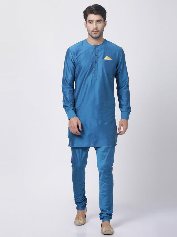 Men's Dark Blue Cotton Silk Blend Kurta and Pyjama Set - Vastramay