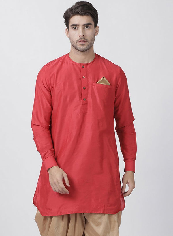 Men's Red Cotton Blend Kurta - Vastramay