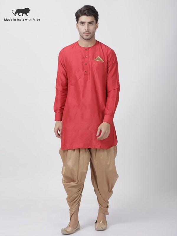 Men's Red Cotton Blend Kurta and Dhoti Pant Set - Vastramay