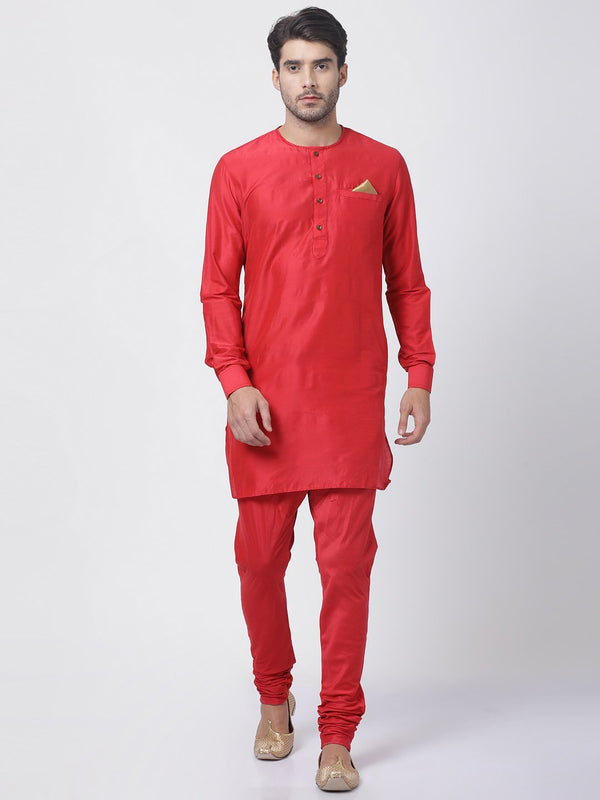 Men's Red Cotton Blend Kurta and Pyjama Set - Vastramay