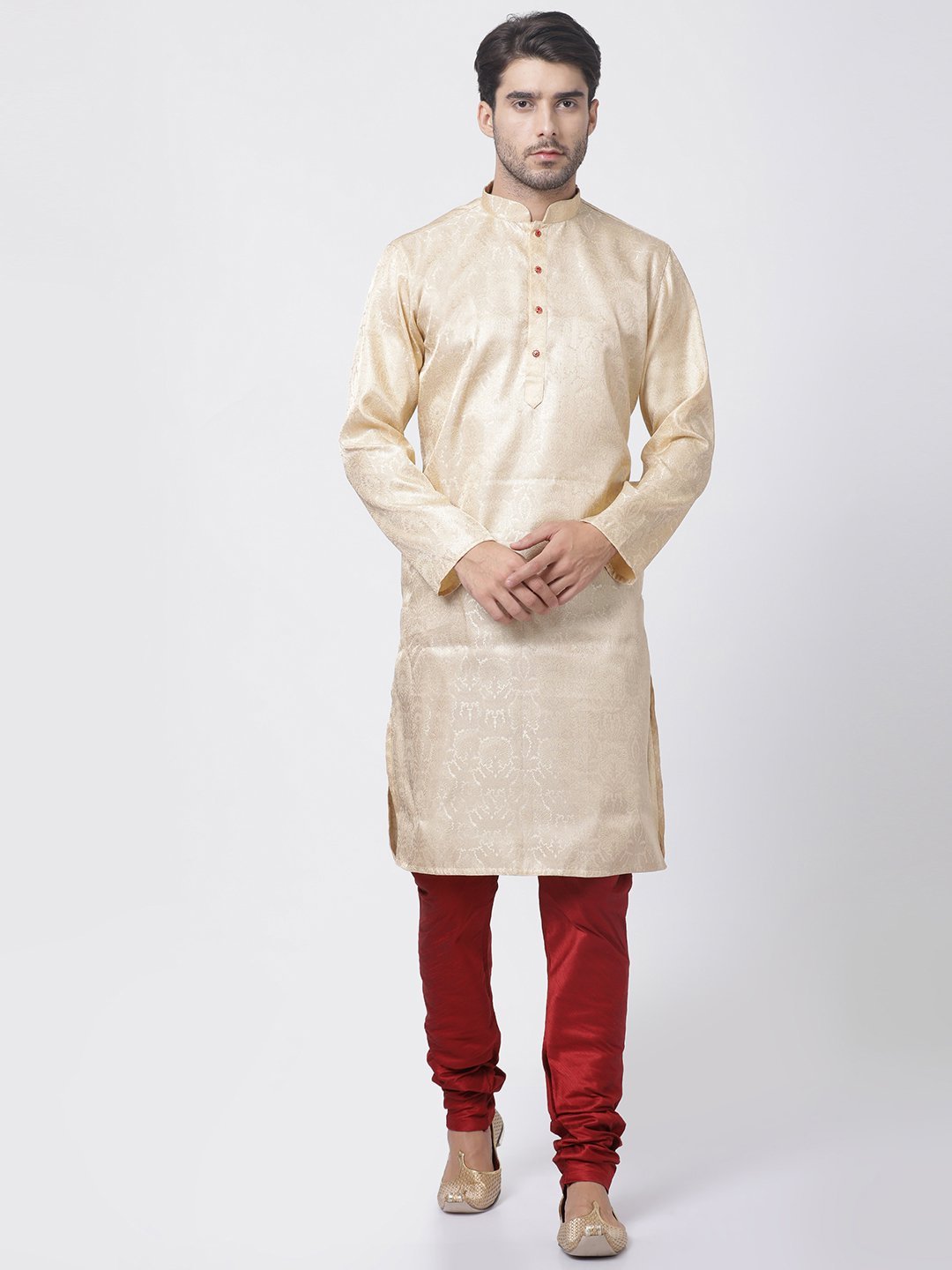 Men's Gold Cotton Silk Blend Kurta and Pyjama Set