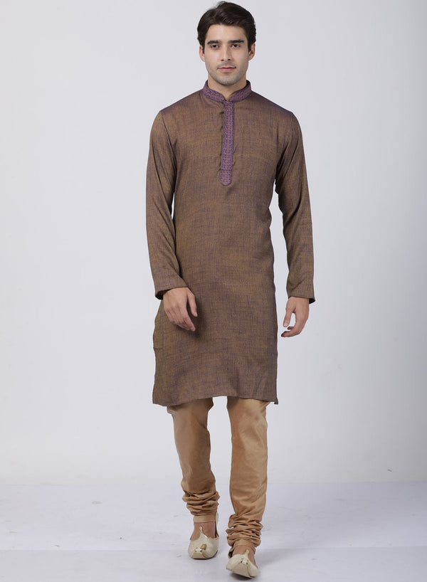 Men's Brown Cotton Blend Kurta and Pyjama Set