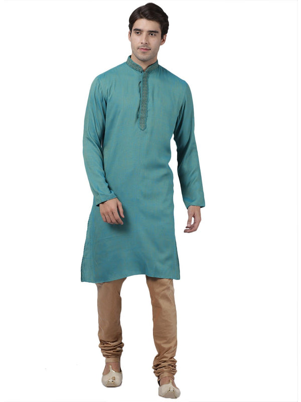 Men's Green Cotton Blend Kurta and Pyjama Set - Vastramay