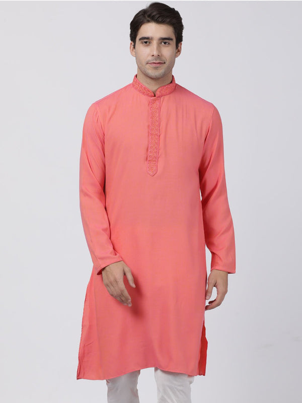 Men's Pink Cotton Blend Kurta - Vastramay