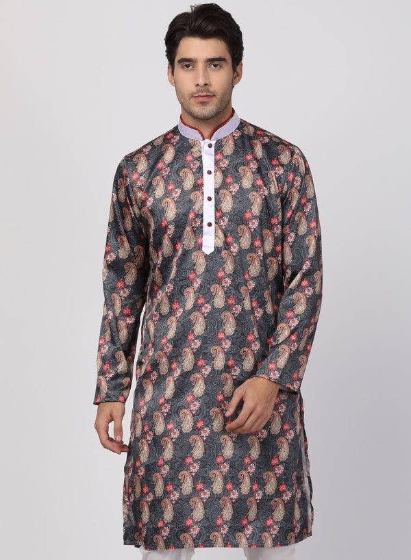 Jashvi Men's Grey Silk Blend Kurta