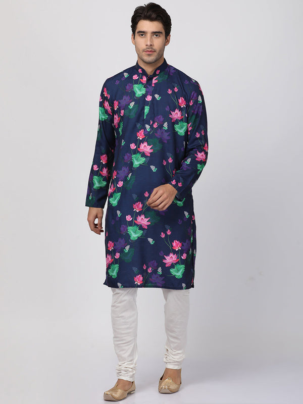 Jashvi Men Blue & Pink Printed Kurta with Churidar