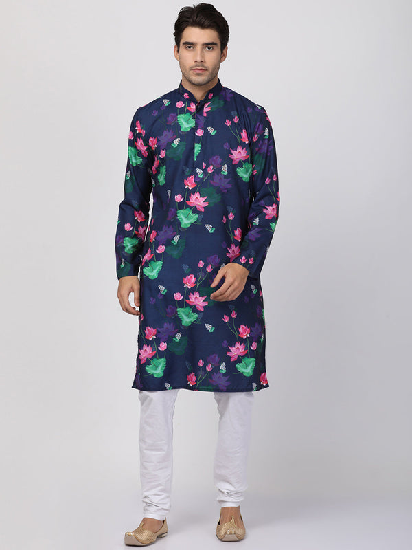 Jashvi Men's Blue & White Printed Kurta With Pyjama Set