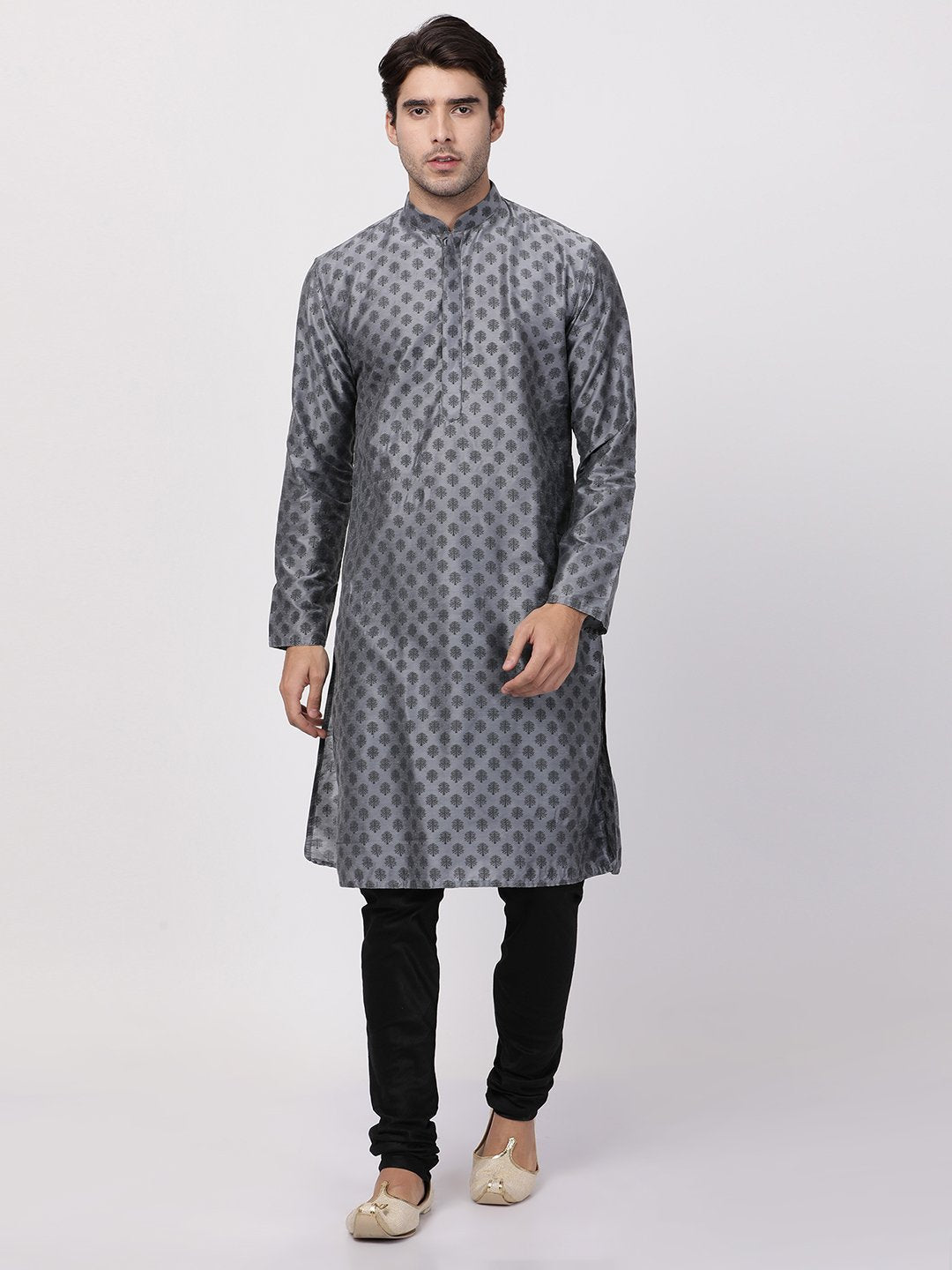 Men's Grey Cotton Silk Blend Kurta and Pyjama Set