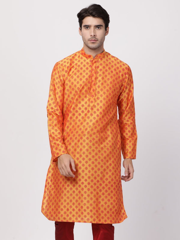 Men's Orange Cotton Silk Blend Kurta - Vastramay