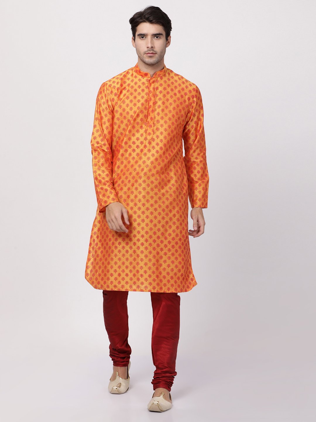 Men's Orange Cotton Silk Blend Kurta and Pyjama Set