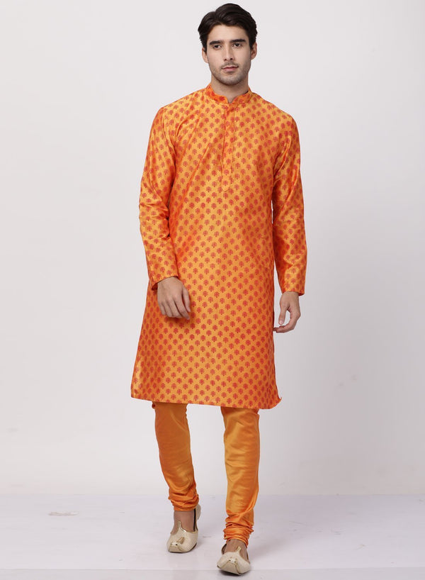 Men's Orange Cotton Silk Blend Kurta and Pyjama Set - Vastramay