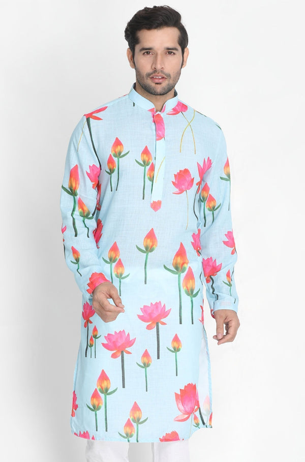 Men's Light Blue Cotton Blend Kurta - Vastramay