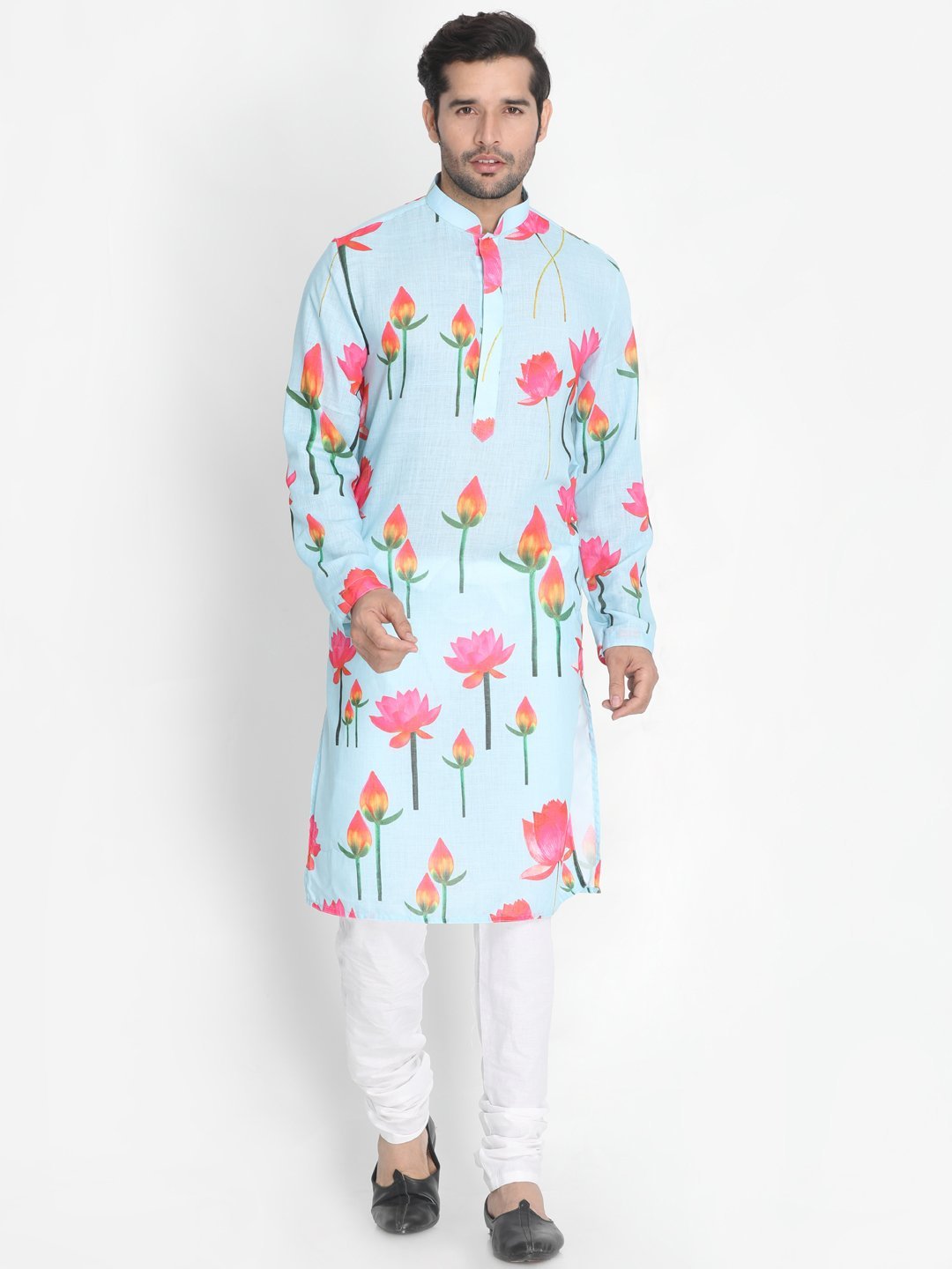 Men's Light Blue Cotton Blend Kurta and Pyjama Set