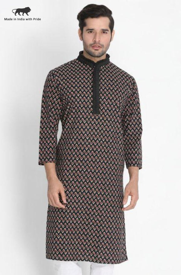 Men's Black Cotton Blend Kurta - Vastramay