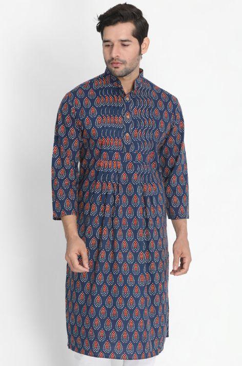 Men's Dark Blue Cotton Kurta - Vastramay