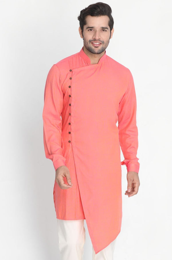 Men's Pink Cotton Blend Kurta - Vastramay