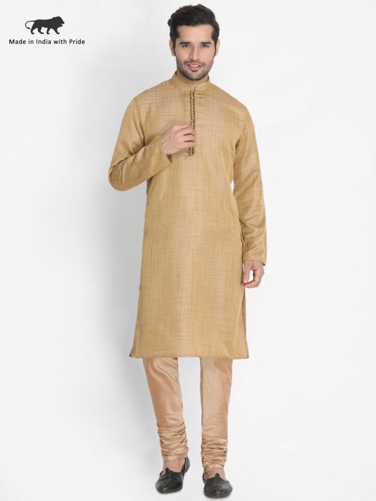 Men's Beige Cotton Silk Blend Kurta and Pyjama Set