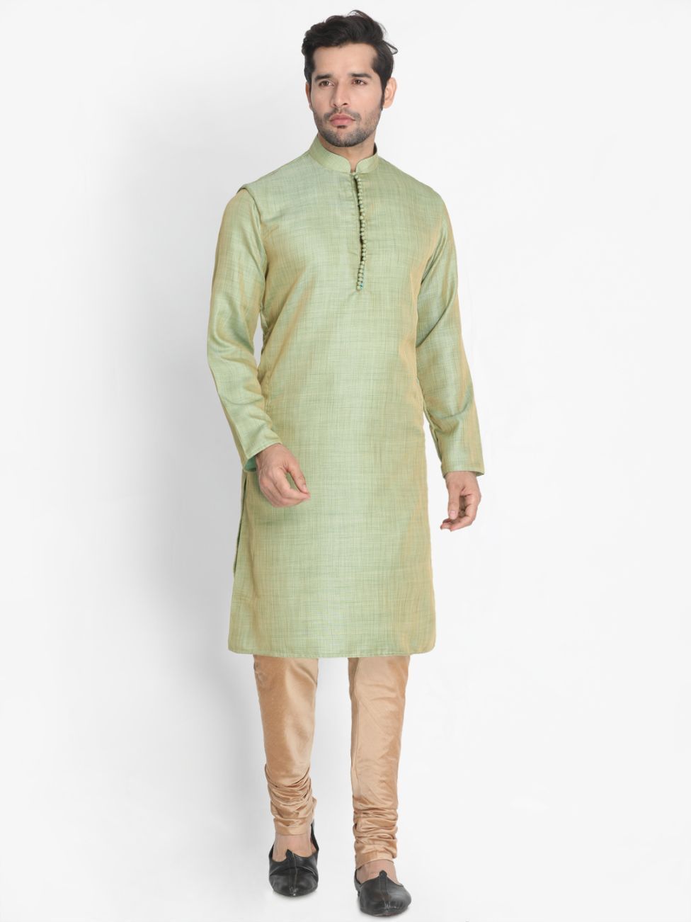 Men's Green Cotton Silk Blend Kurta and Pyjama Set