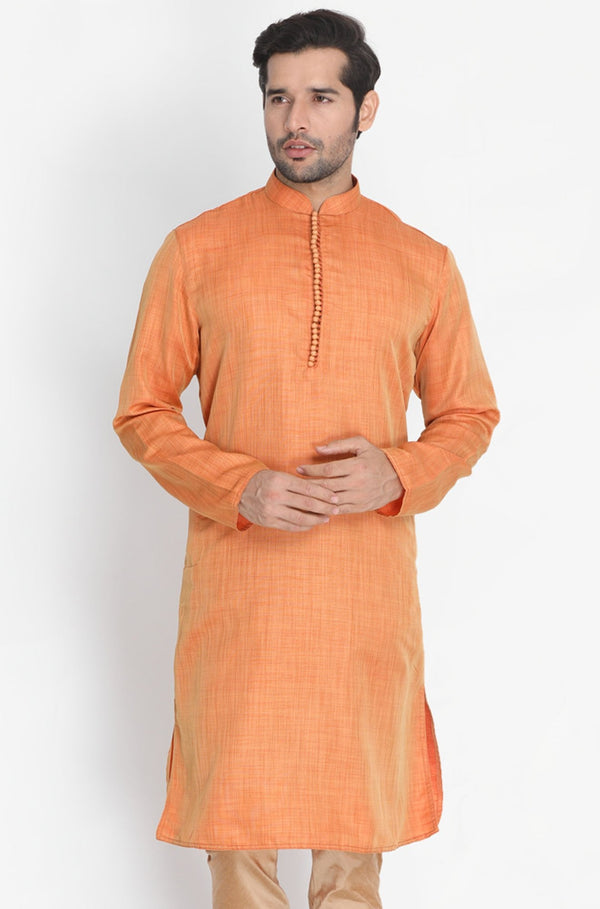 Men's Orange Cotton Silk Blend Kurta - Vastramay