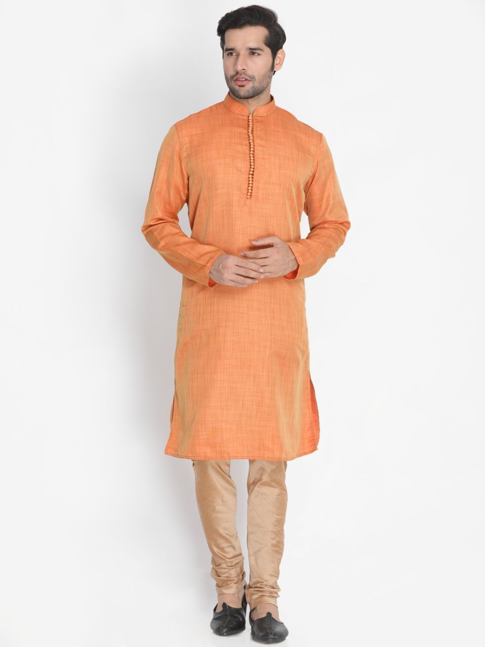 Men's Orange Cotton Silk Blend Kurta and Pyjama Set