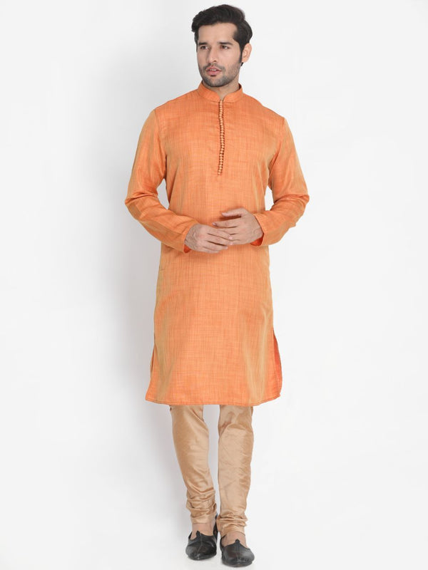 Men's Orange Cotton Silk Blend Kurta and Pyjama Set