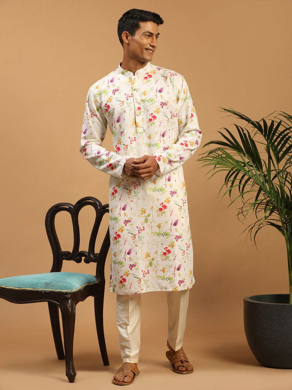 Jashvi Men's Cream Printed Cotton Blend Kurta and Cream Viscose Pant Set