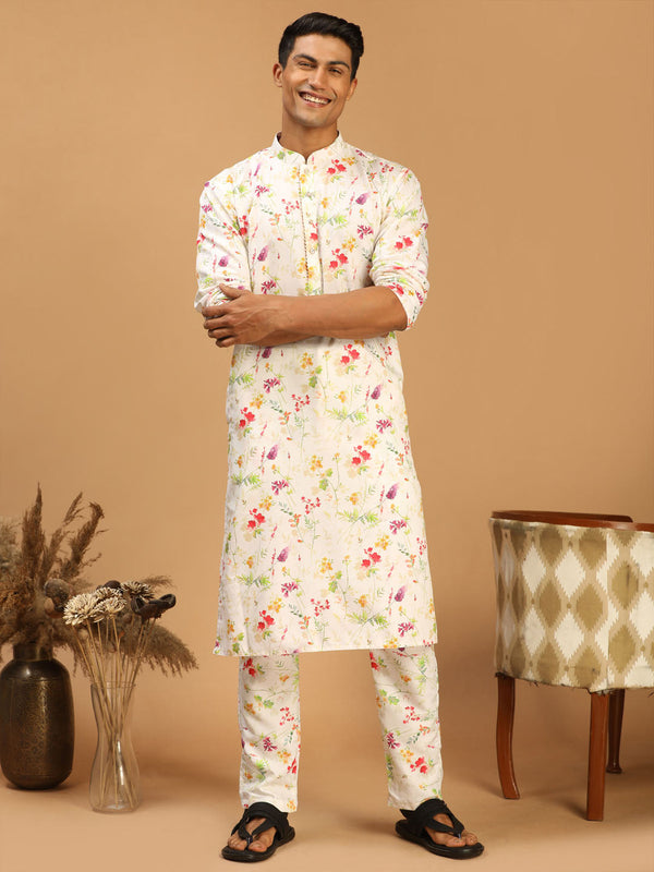 Jashvi Men's Cream Printed Cotton Blend Kurta and Printed Matching Pant Set