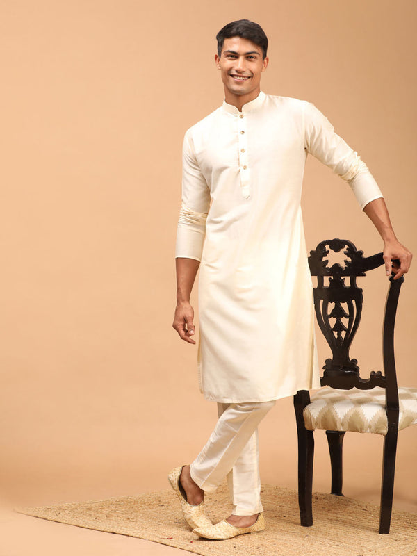 Jashvi Men's Cream Viscose Rayon Kurta With Pant Style Pyjama Set