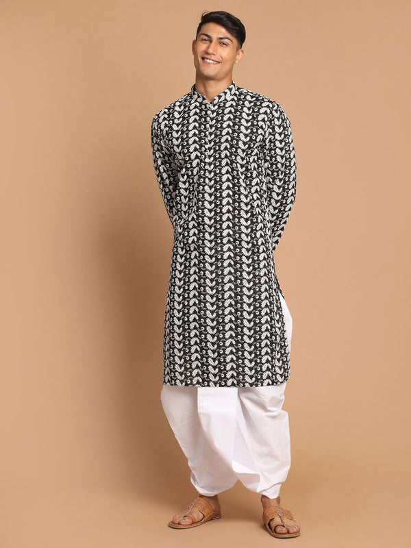 Jashvi Men's Black Pure Cotton Chikankari Kurta With Dhoti Set